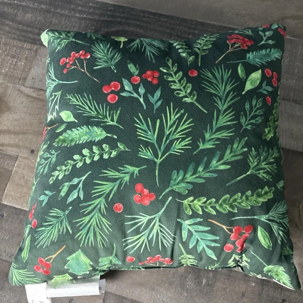 Red Cardinal Bird Holly Berry Wreath Christmas Embroidered Throw Pillow 18x18
